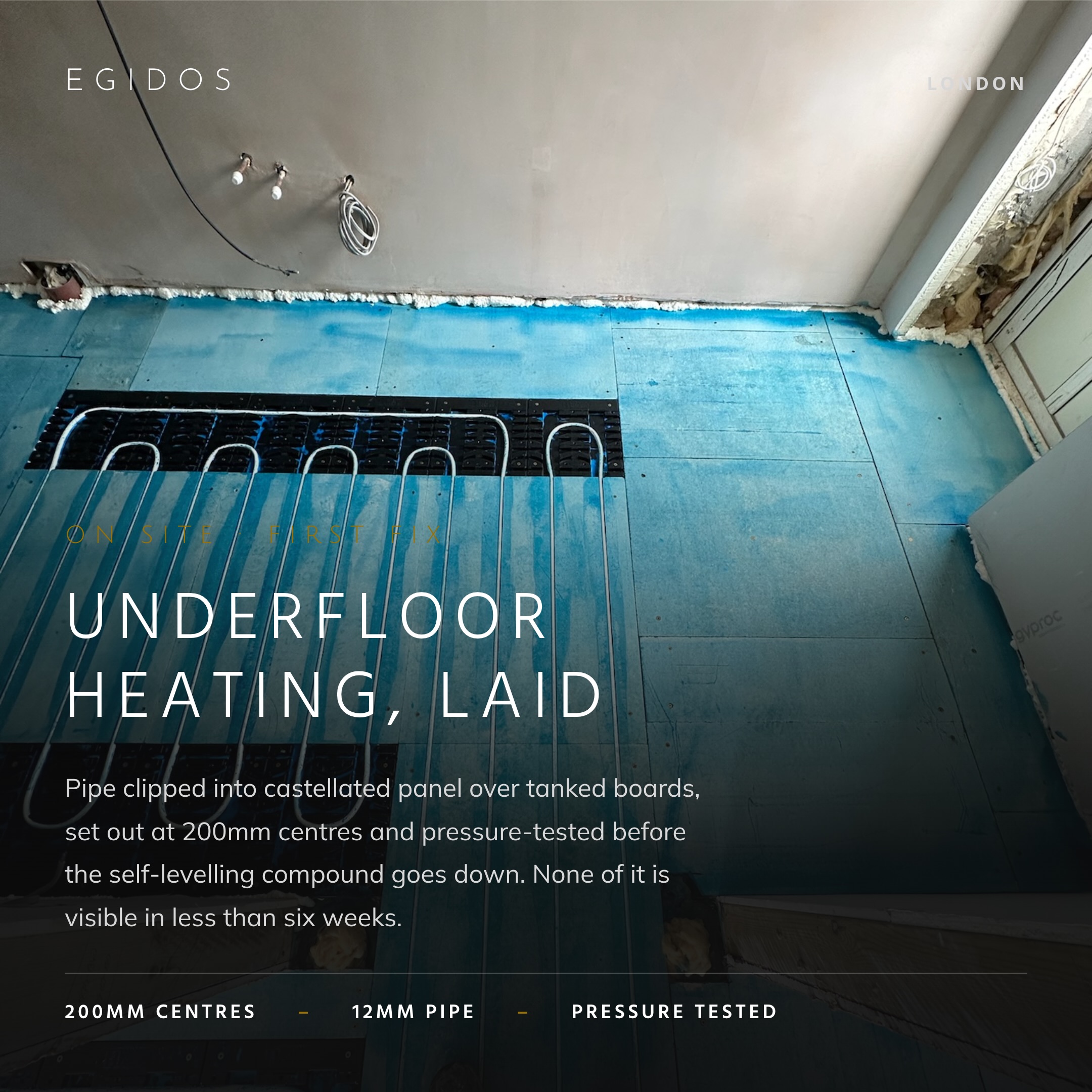 Underfloor heating, first fix. 12mm pipe at 200mm centres, clipped into castellated panel oLondonnked boards and pressure-tested before self-levelling compound. None of it visible in less than six weeks.  #underfloorheating #floor #bromley #sevenoaks #london